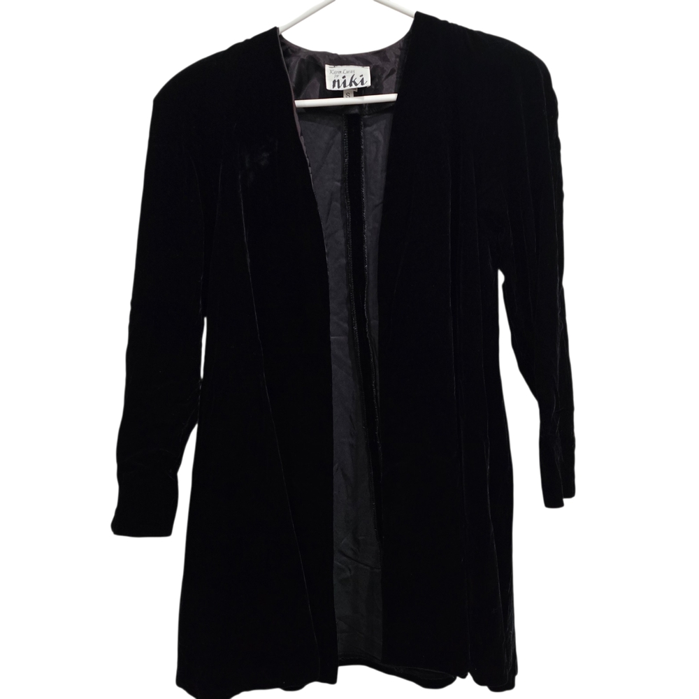 Vintage Karen Lucas For Niki Velvet Swing Coat Sz S Black Open Front